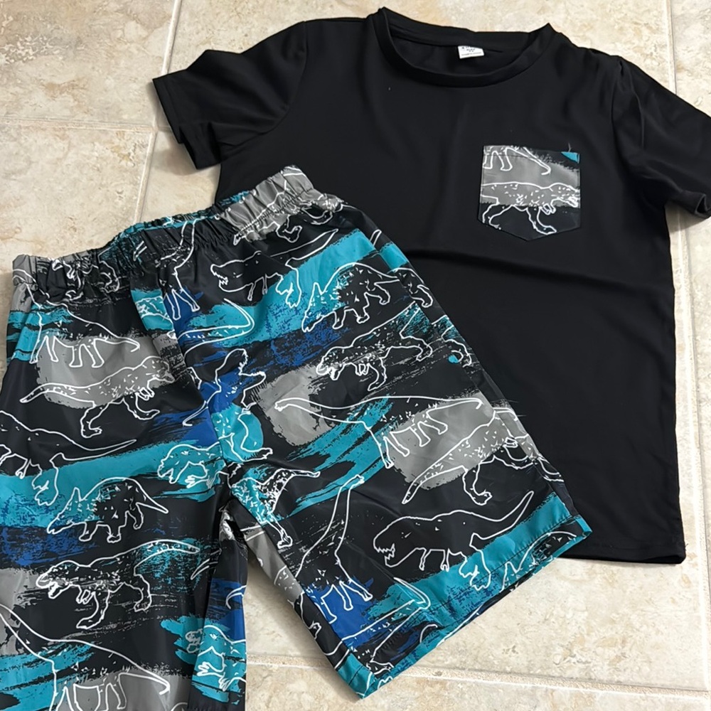 Boys Black Rash Guard Set with Teal Dinosaur Swim Shorts